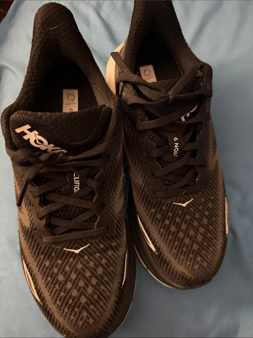 Hoka Clifton 9 Women's Running Shoes - Black and White, SIze 8.5B